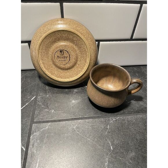 Vtg Denby made in England stoneware tea cup coffee mug with saucer brown drip - Picture 4 of 6